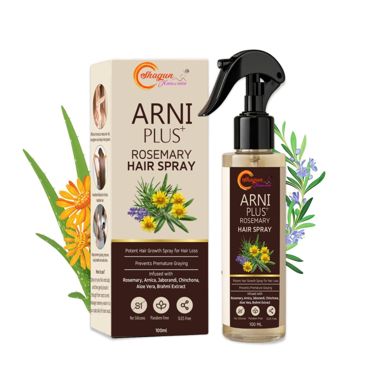 Arni Plus Rosemary Hair Spray | Reduces Hair Fall & Premature Graying | Promotes Natural Hair Growth | With Arnica, Brahmi & Aloe Vera | 100 ml - Image 1