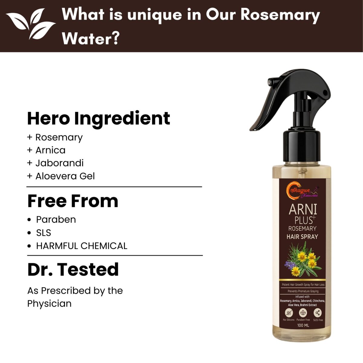 Arni Plus Rosemary Hair Spray | Reduces Hair Fall & Premature Graying | Promotes Natural Hair Growth | With Arnica, Brahmi & Aloe Vera | 100 ml - Image 2